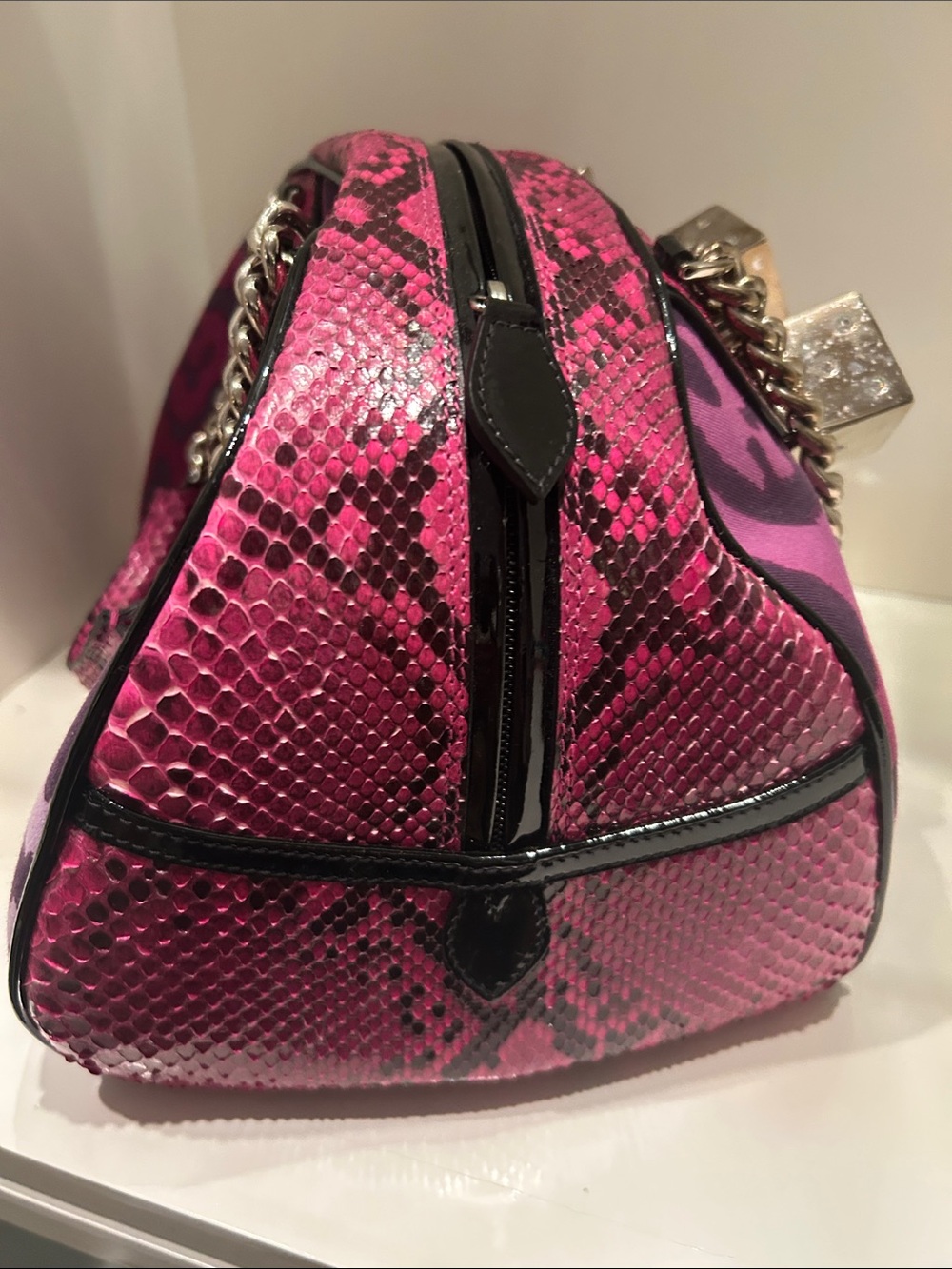 Dior Pink and Magenta Leopard-Print Satchel with Chain Charm - Picture 7 of 12
